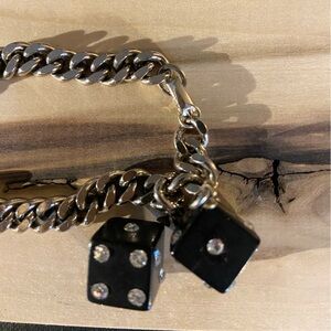 SUPER RARE VTG Bakelite/Glass Rhinestone Dice/Stainless Cuban Chain 7”
